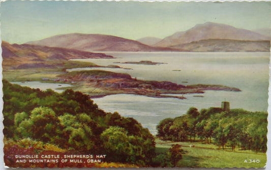 Old Postcard of Dunollie Castle, Shepherd's Hat, Mountains of Mull Oban Ref:1005