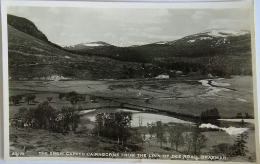 Old Postcard Of The Snow Capped Cairngorms Linn of Dee Road, Braemar- Ref : 1001