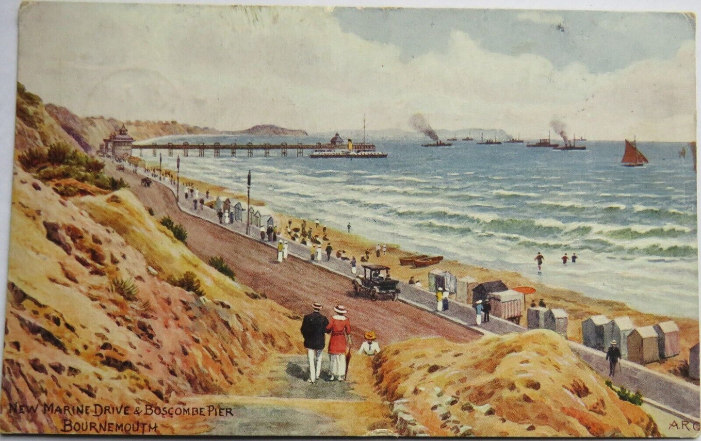 Old Postcard of New Marine Drive & Boscombe Pier, Bournemouth