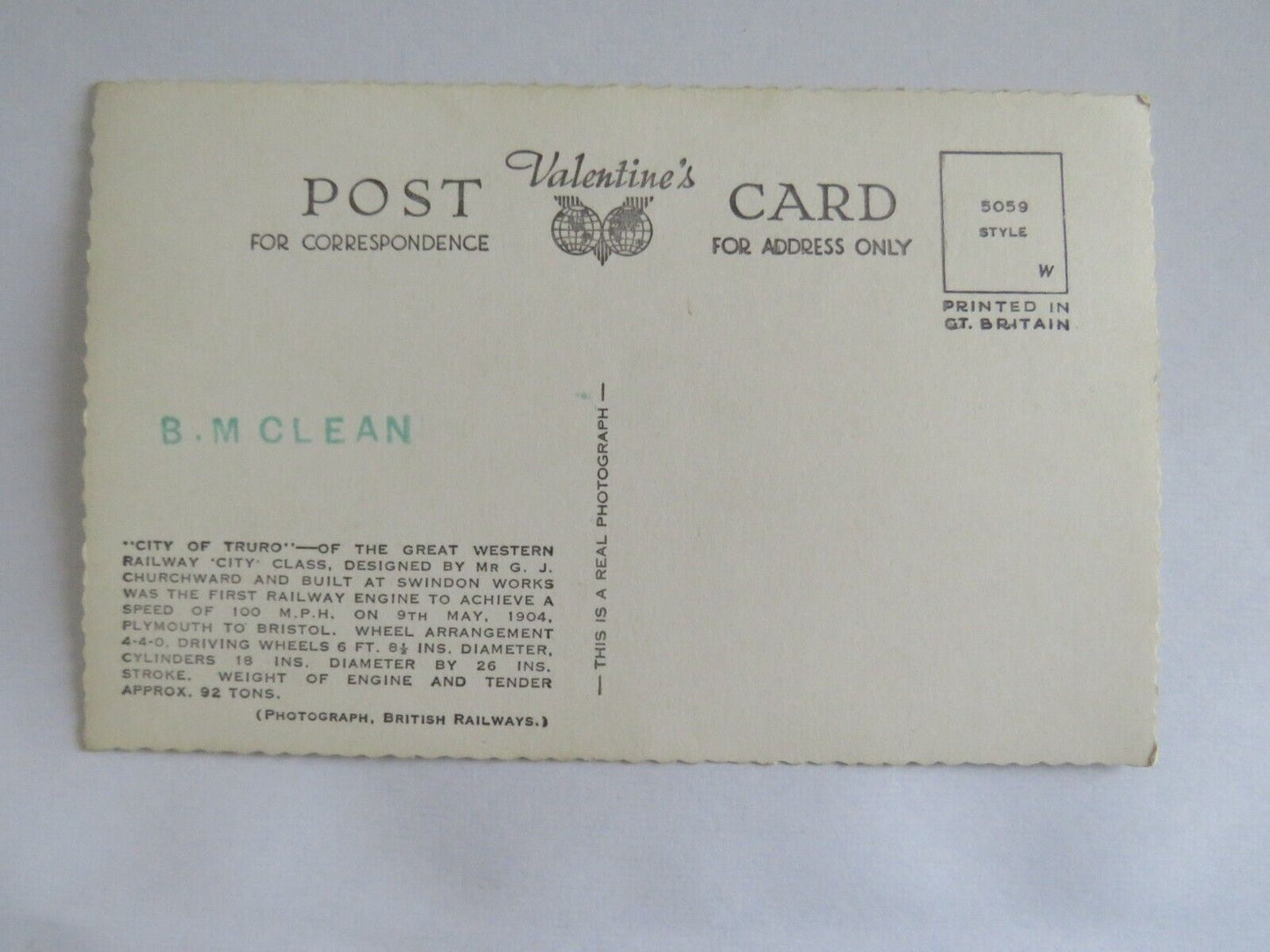 Old Postcard Of City of Truro Great Western Railway City Class - Ref : 1022