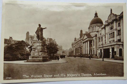 Old Postcard of The Wallace Statue and HIs Majesty's Theatre, Aberdeen, 1934