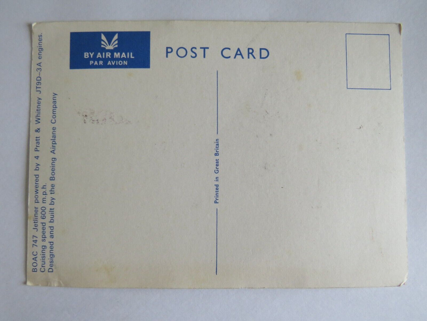 Vintage Postcard of BOAC 747 Jetliner - Ref : 1019