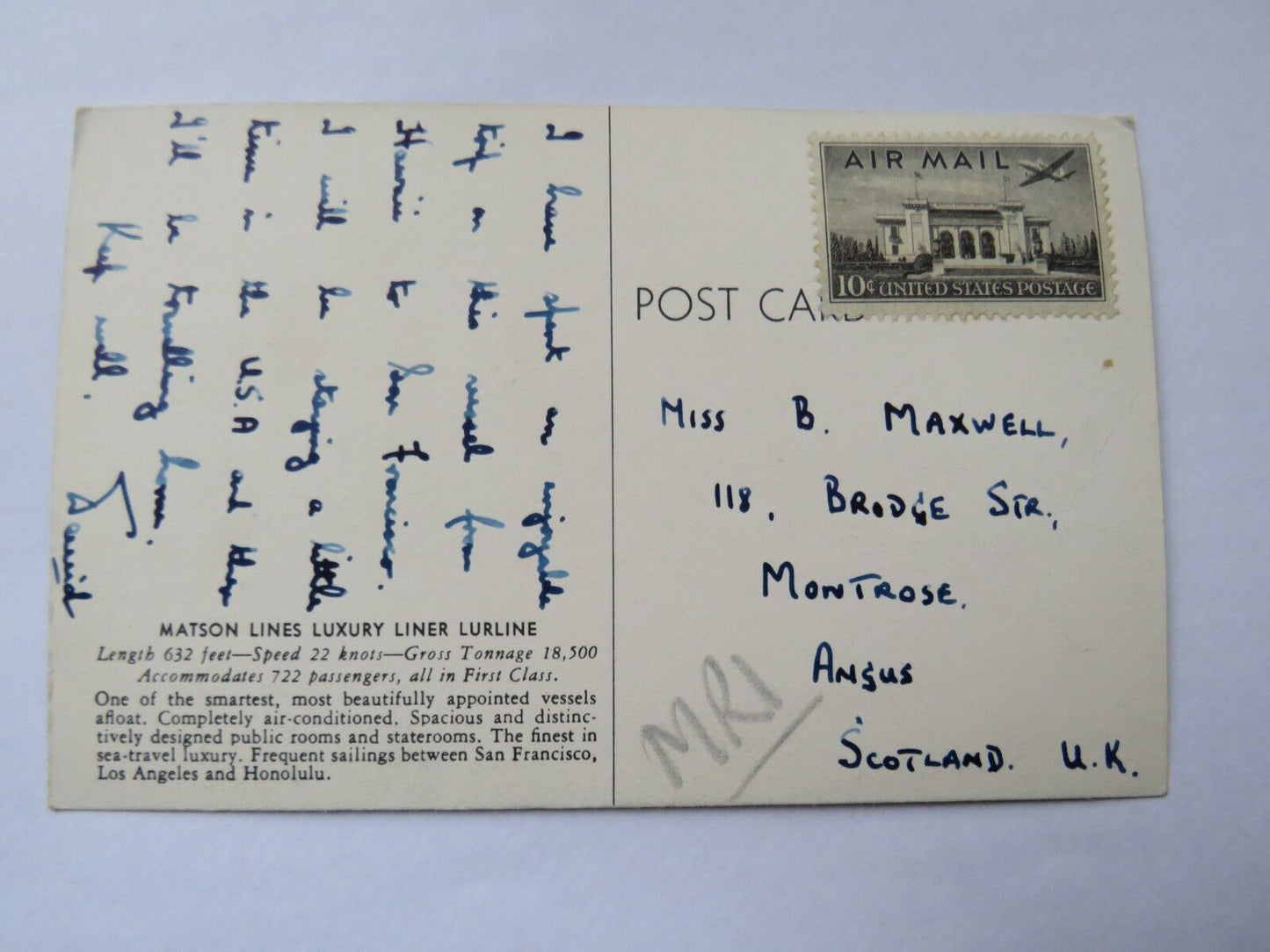 Vintage Postcard of Matson Lines Luxury Liner Lurline