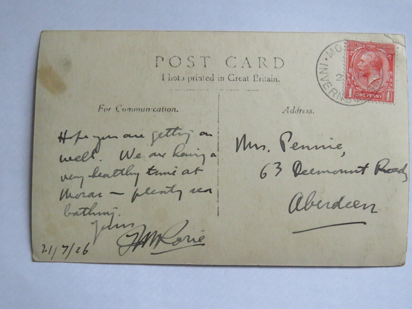Old Postcard of Prince Charlie's Monument, Glenfinnan 1926 - Ref : 1010