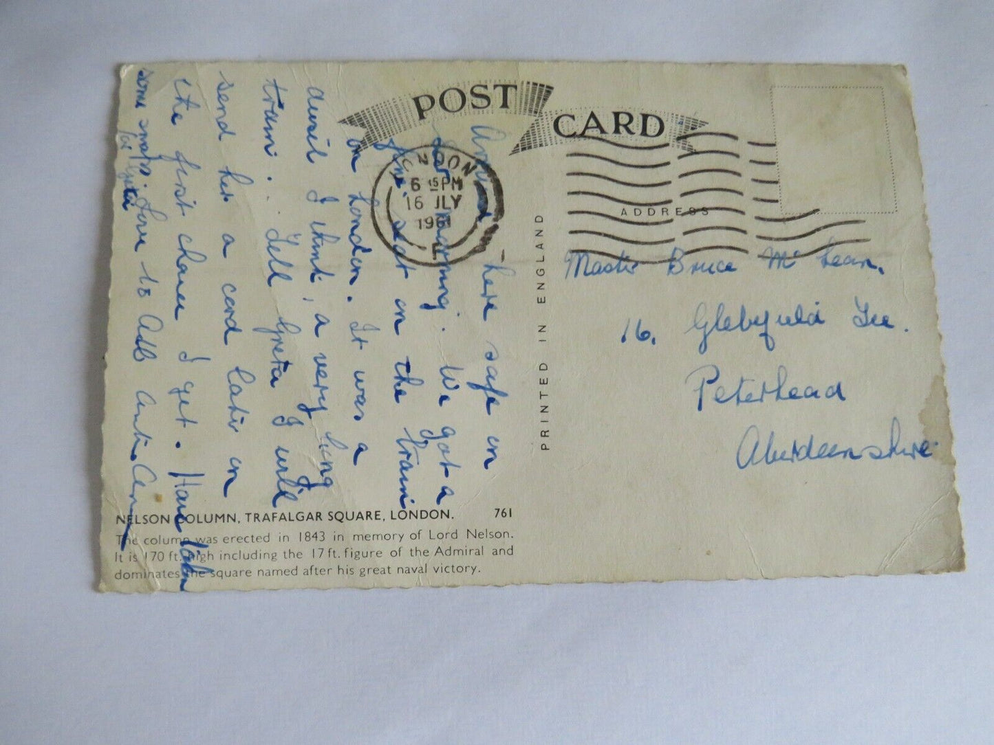 Vintage Postcard of Nelson Column, Trafalgar Square London 1961 - Ref : 1021