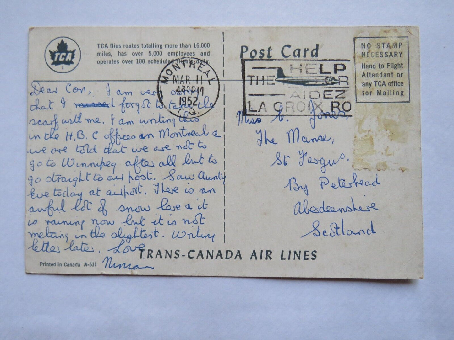 Old Postcard of TCA's Great 40 Passenger "North Star" Skyliners Canada Air Lines