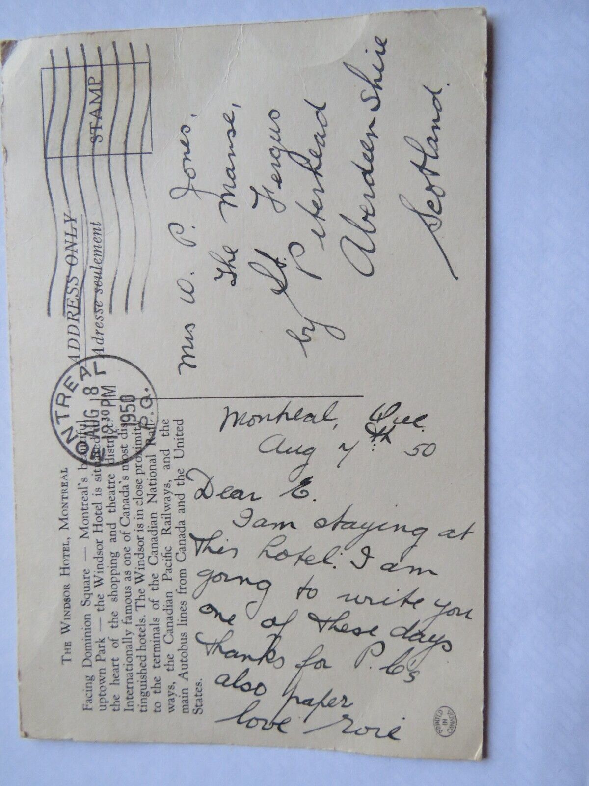 Old Postcard of The Windsor Hotel, Montreal, Canada 1950