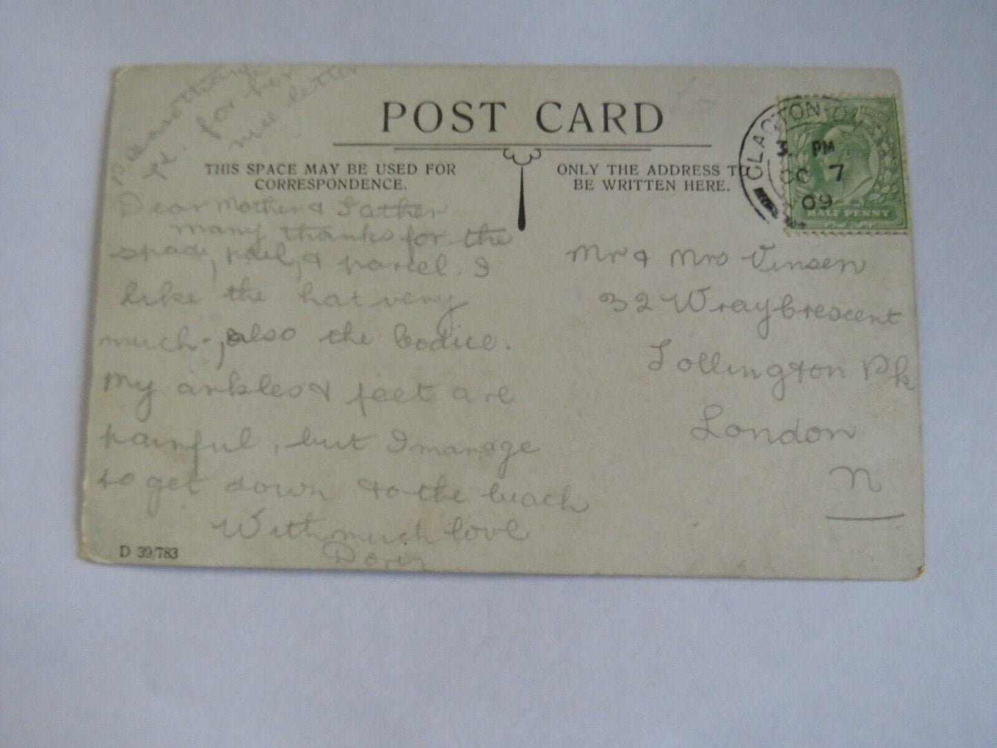 Old Antique Postcard of A Breezy Day At Clacton -On-Sea 1909 - Ref : 1038