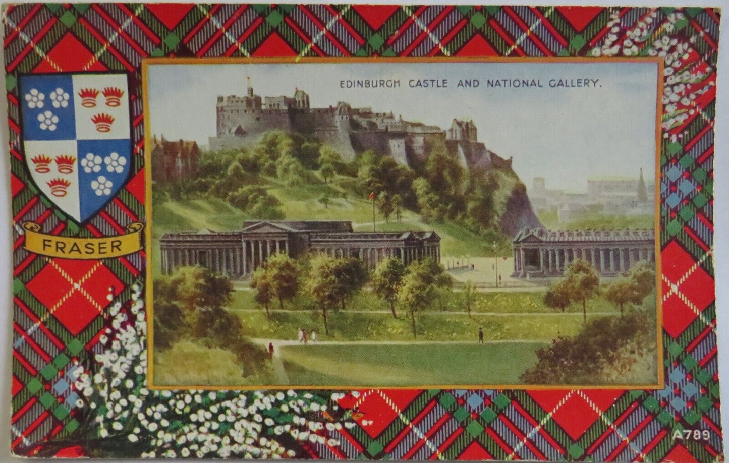 Old Antique Tartan Postcard of Edinburgh Castle and National Gallery- Ref : 1039