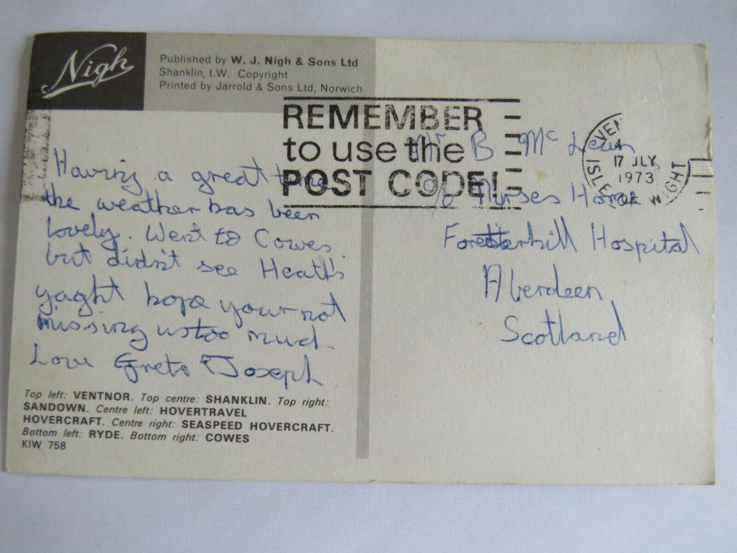 Vintage Postcard of Just Arrived At The Isle of Wight 1973 - Ref : 1021