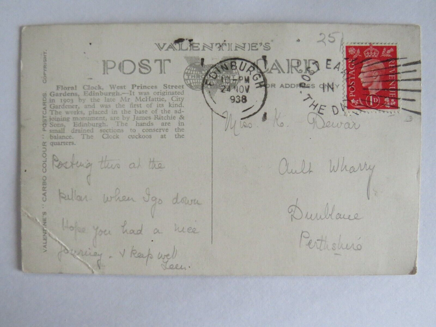 Old Postcard of Floral Clock, West Princes Street Gardens, Edinburgh- Ref : 1018