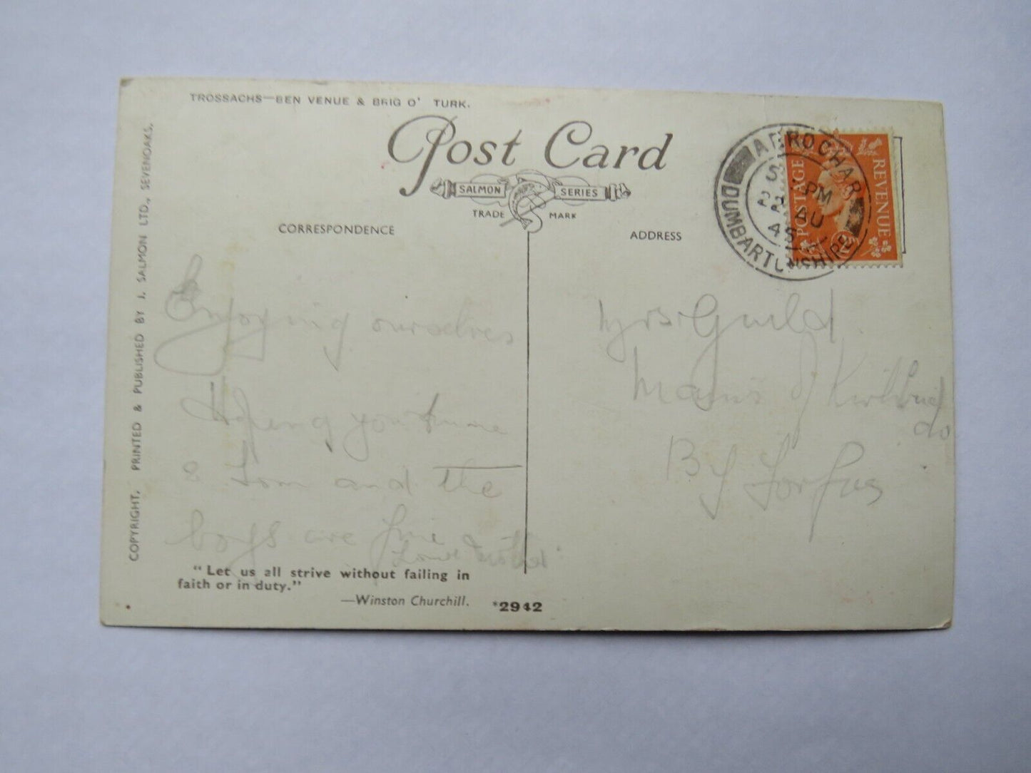 Old Postcard of the Trossachs - Ben Venue & Brig O' Turk, 1945