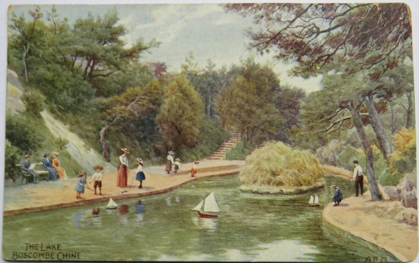 Old Postcard of The Lake, Boscombe Chine, 1913