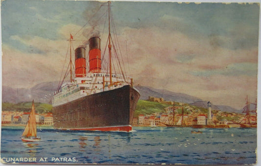 Old Postcard of Cunarder At Patras