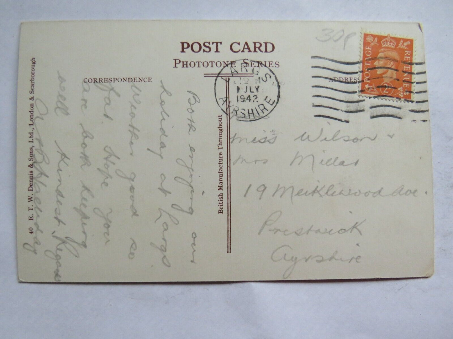 Vintage Postcard of View From The Bloomfields Largs 1942 - Ref : 1004