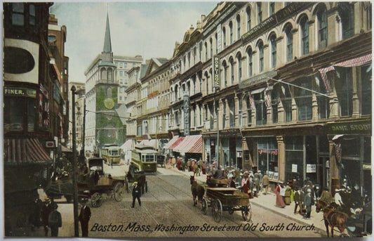 Old Postcard of Boston Mass, Washington Street and Old South Church-  Ref : 1013