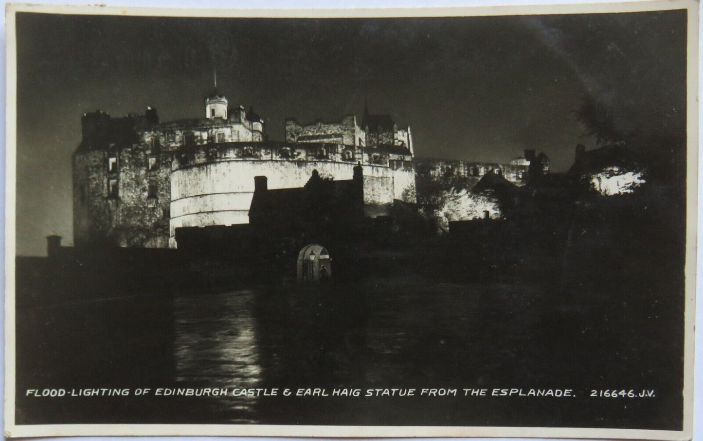 Old Postcard of Flood Lighting of Edinburgh Castle & Earl Haig Statue