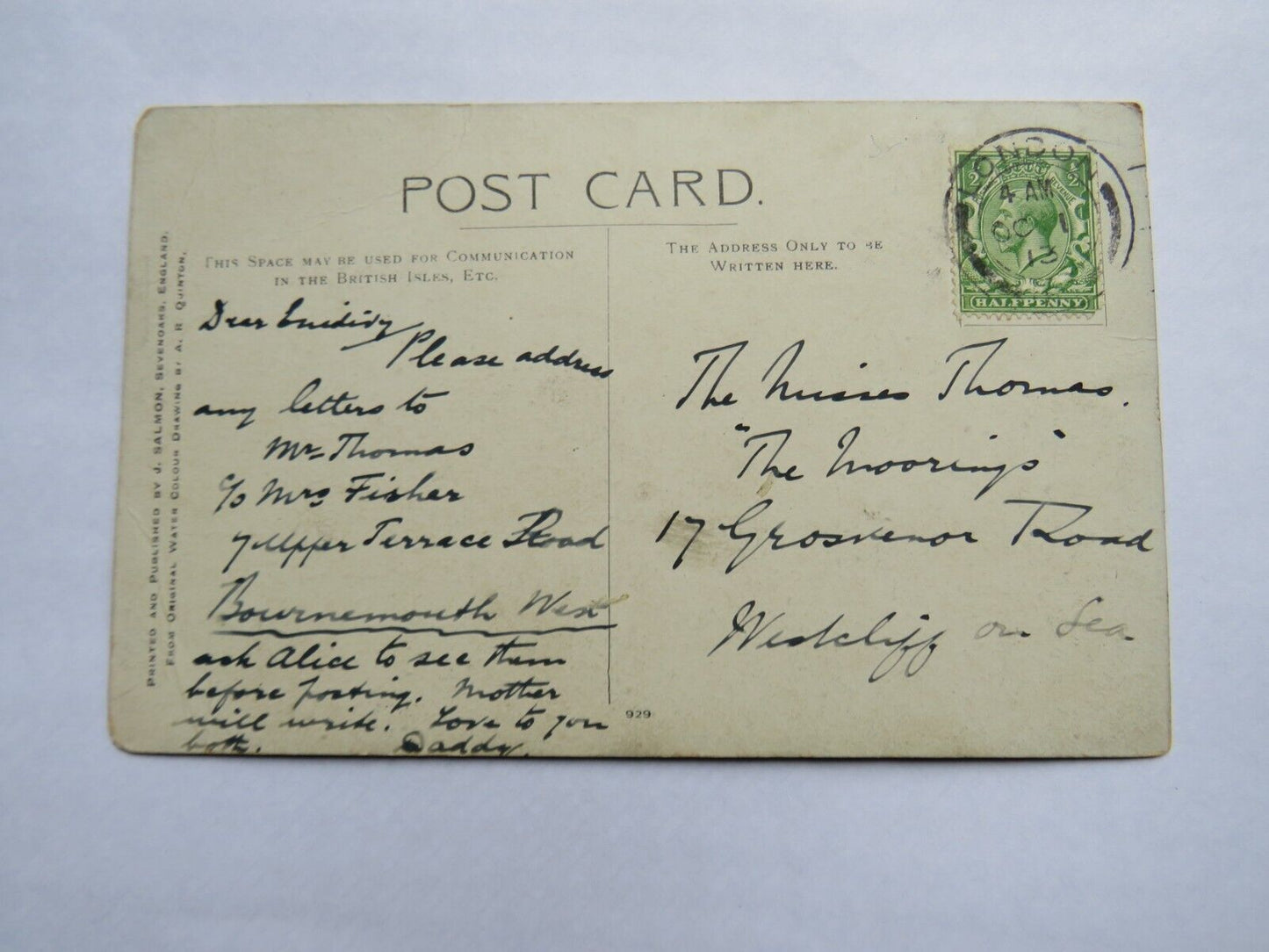 Old Postcard of The Lake, Boscombe Chine, 1913