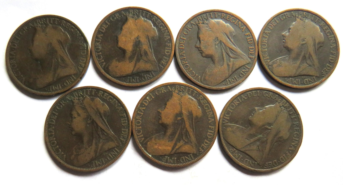 Complete Date Run of Queen Victoria Veil Head Penny Coins, 1895–1901 - Seven Coin Set