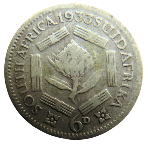 1933 King George V South Africa Silver Sixpence Coin