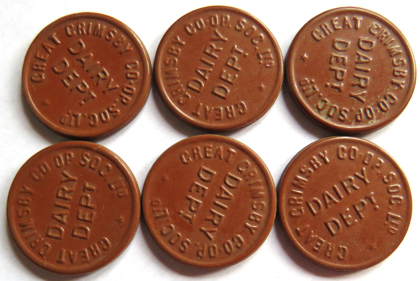 6 x Great Grimsby Co-op Society Dairy Dep One Pint Tokens
