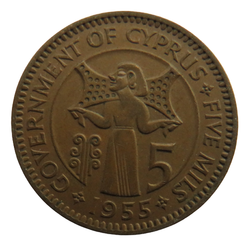 1955 Queen Elizabeth II Cyprus 5 Mils Coin