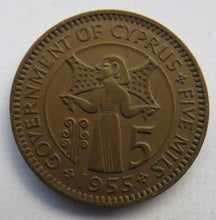 Load image into Gallery viewer, 1955 Queen Elizabeth II Cyprus 5 Mils Coin
