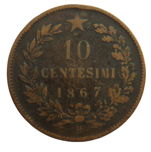 1867-H Italy 10 Centesimi Coin