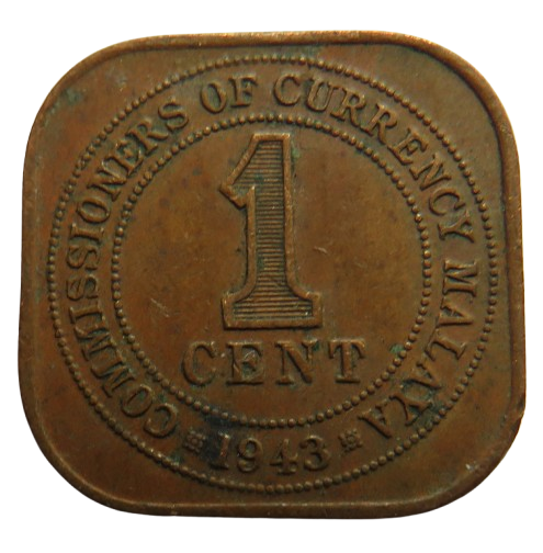 1943 King George VI Commissioners of Currency Malaya One Cent Coin
