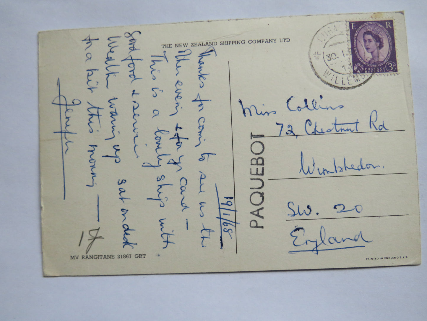 Vintage Shipping Postcard of MV Rangitane