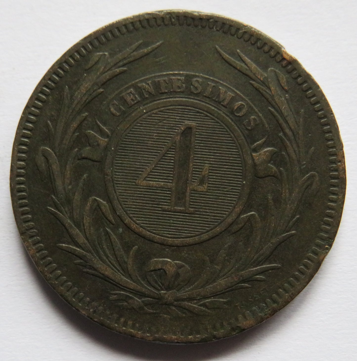 1869 Uruguay 4 Centesimos Coin