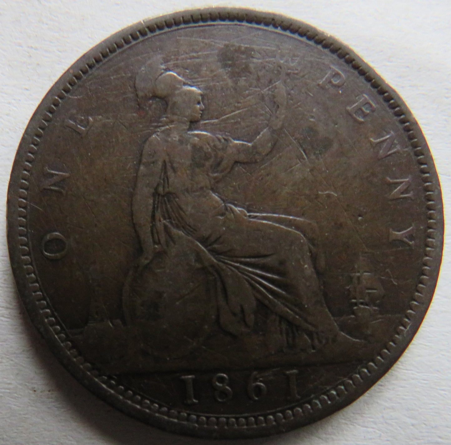 1861 Queen Victoria Bun Head One Penny Coin - Great Britain