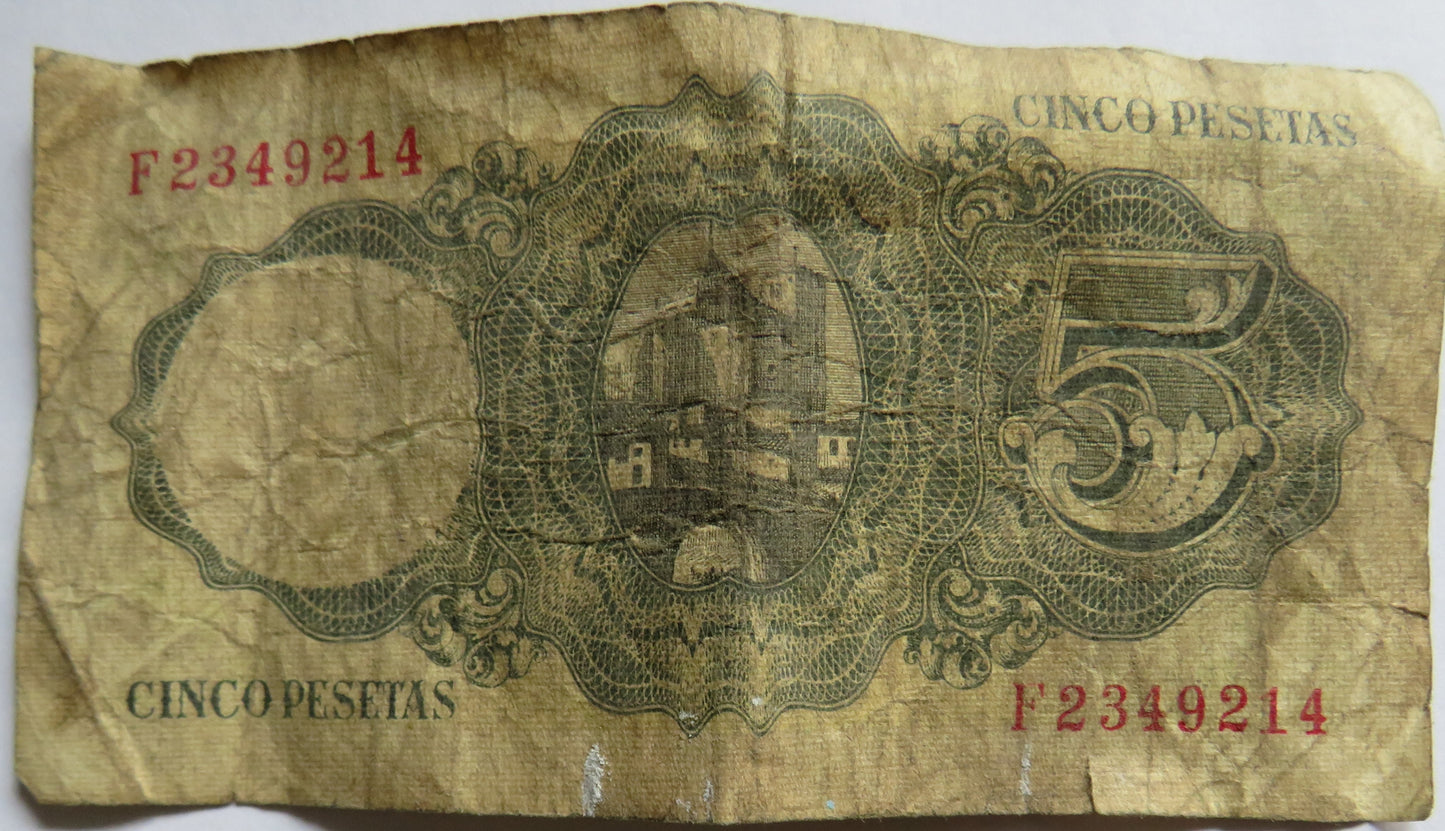 1951 Spain 5 Pesetas Banknote