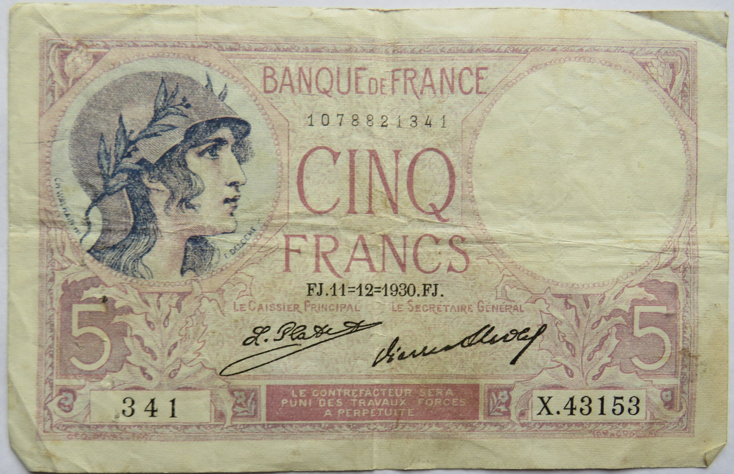 1930 France 5 Francs Banknote