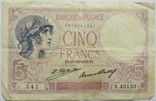 Load image into Gallery viewer, 1930 France 5 Francs Banknote
