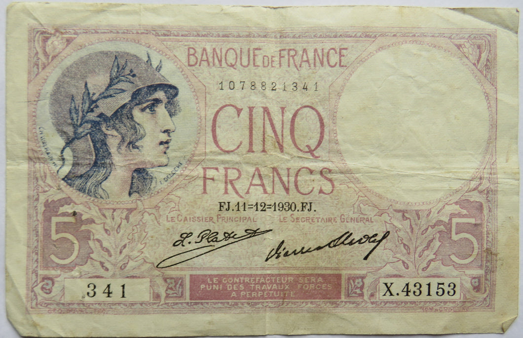1930 France 5 Francs Banknote