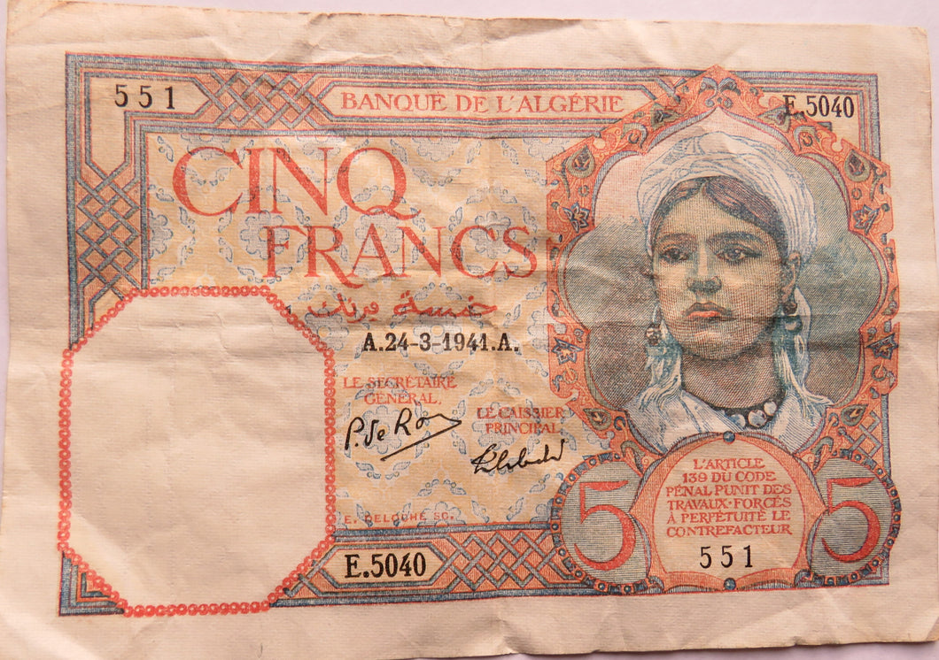 1941 Algeria 5 Francs Banknote