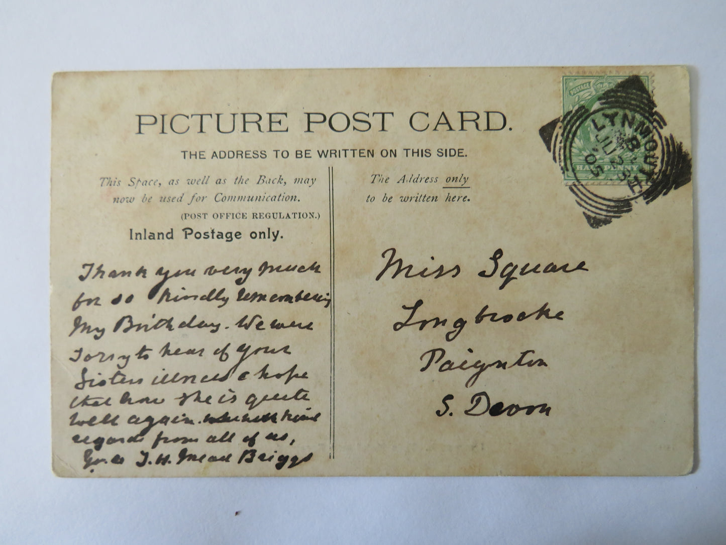 Vintage Postcard of Lynmouth. Tors Hotel and Foreland, 1905
