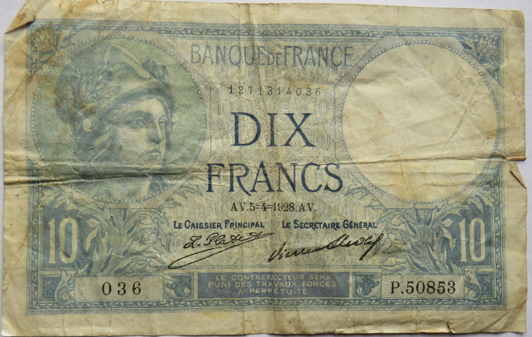 1928 France 10 Francs Banknote