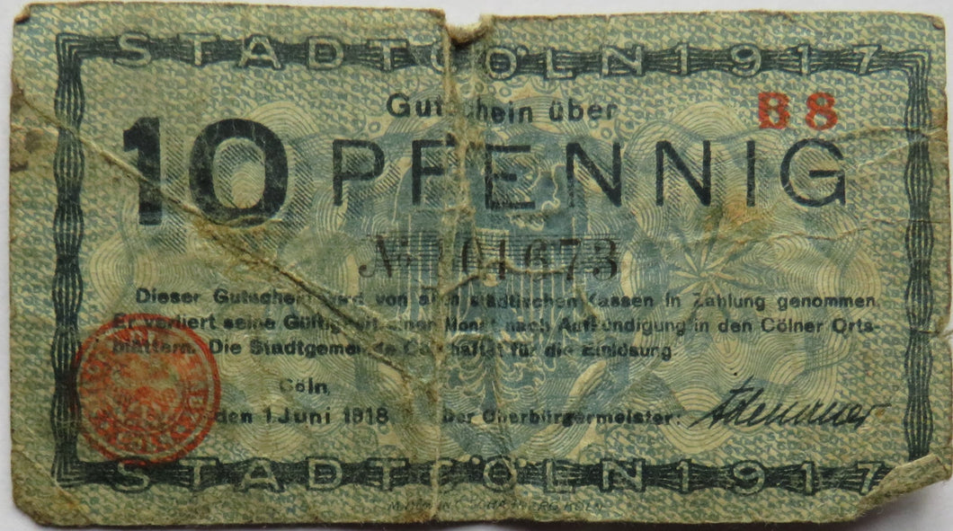 1918 Germany Stadt Coen 10 Pfennig Banknote