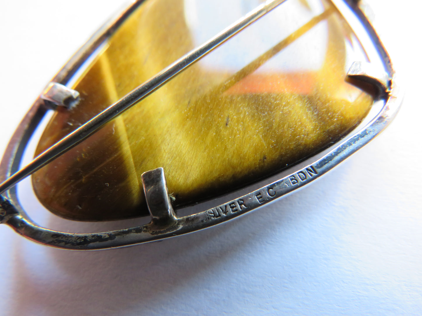 Vintage Silver & Tiger Eye Stone Brooch By E.C. Bon