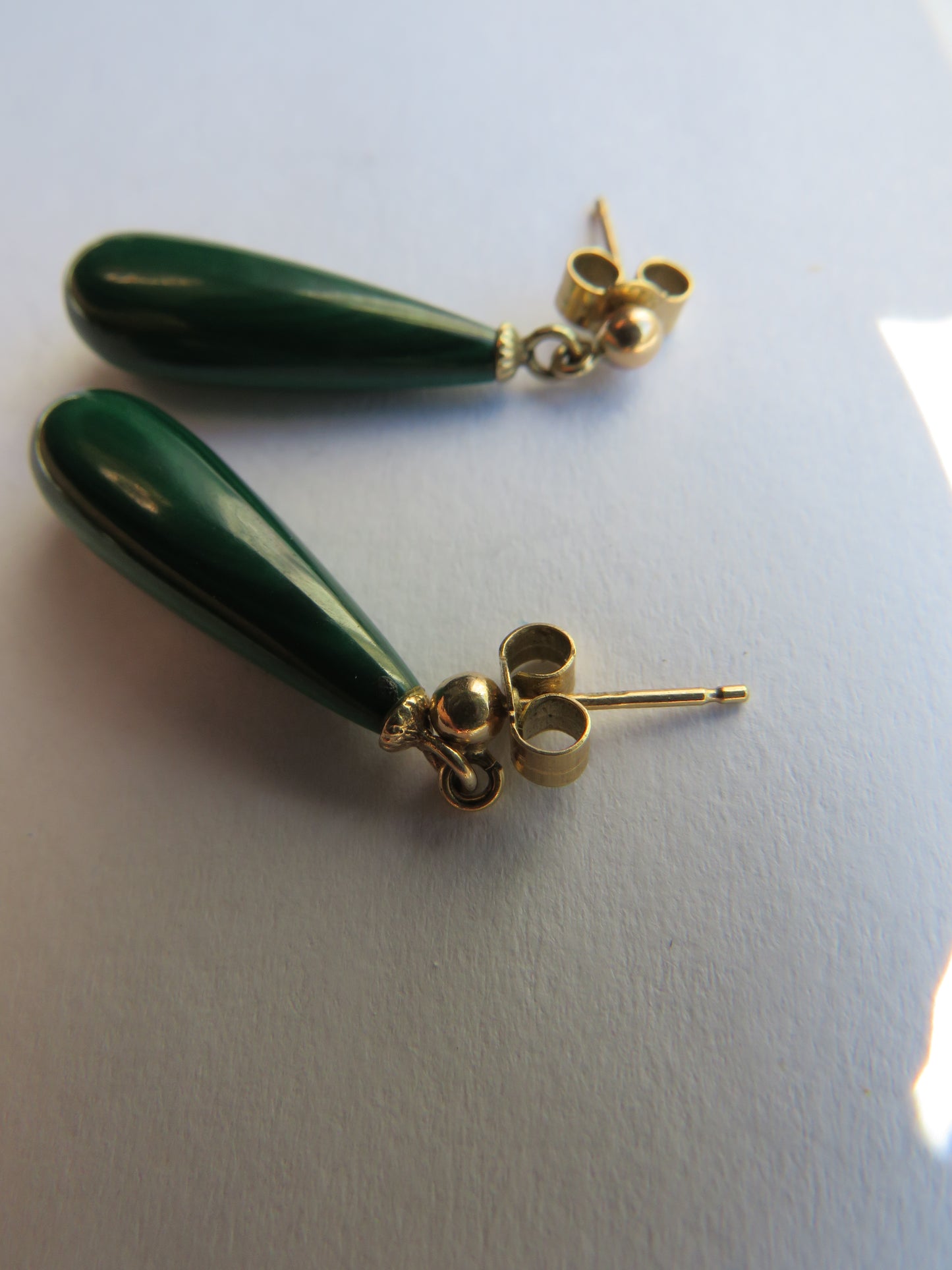 Vintage Ladies 9ct Gold & Malachite Drop Earrings