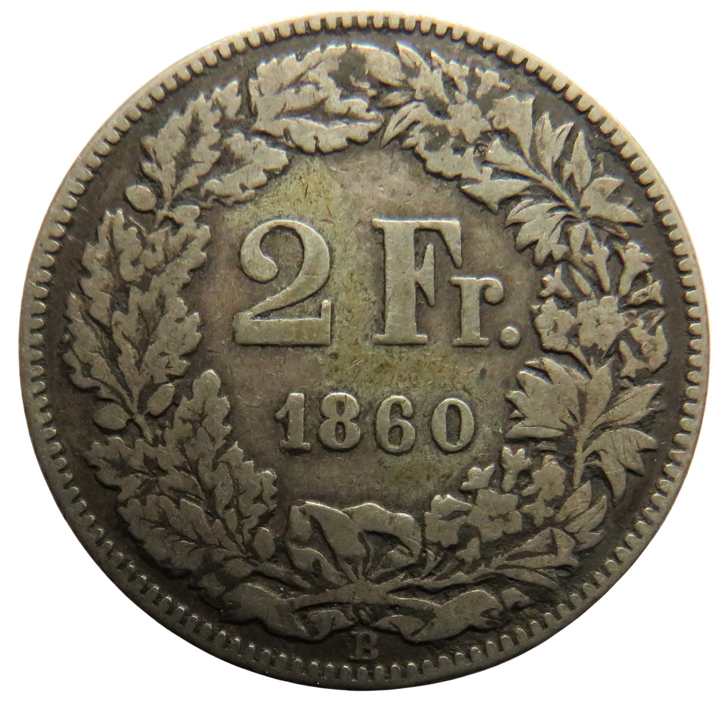 1860 Switzerland Silver 2 Francs Coin