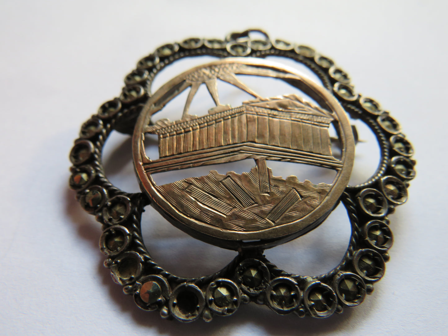 Antique Silver, Marcasite & Gold Front Pendant / Broch Acropolis of Athens