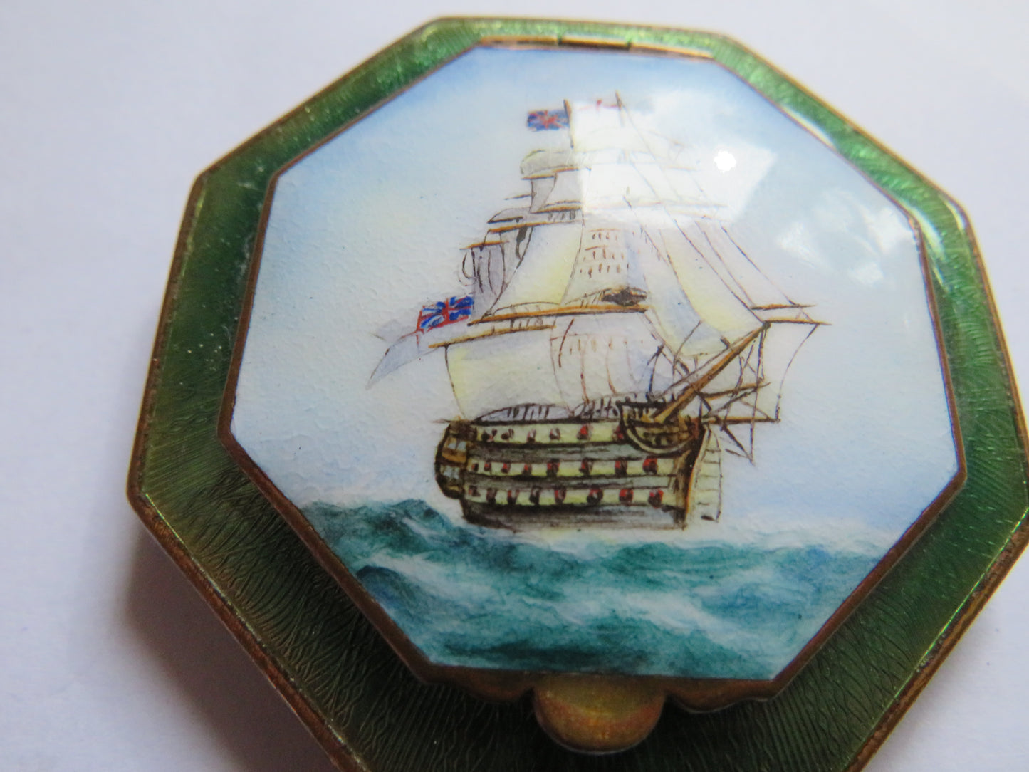 Antique Enamelled Powder Compact With Image of Ship