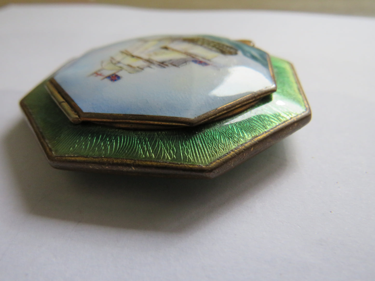 Antique Enamelled Powder Compact With Image of Ship