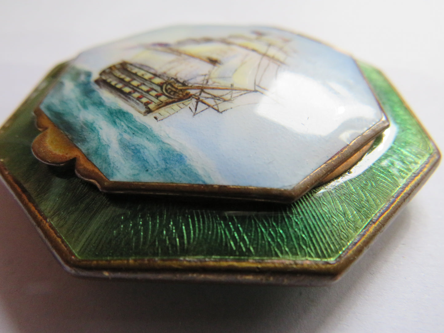 Antique Enamelled Powder Compact With Image of Ship