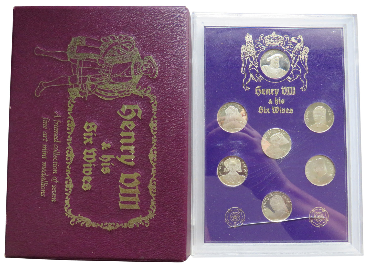 Cased Set of 7 Silver Medals Henry VIII & His Six Wives A Framed Collection of Seven Fine Art Medallions