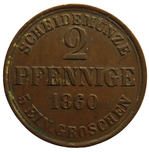 1860 German States Brunswick-Wolfenbuttel  2 Pfennige Coin