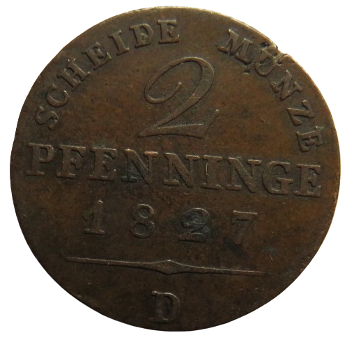1827-D German States Prussia 2 Pfennig Coin
